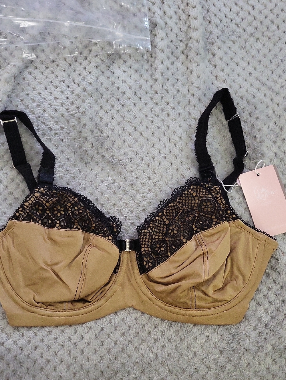 Nwt Cake Lingerie Tan‎ Underwire Maternity Bra with Black Lace Trim 32G (32DDDD)